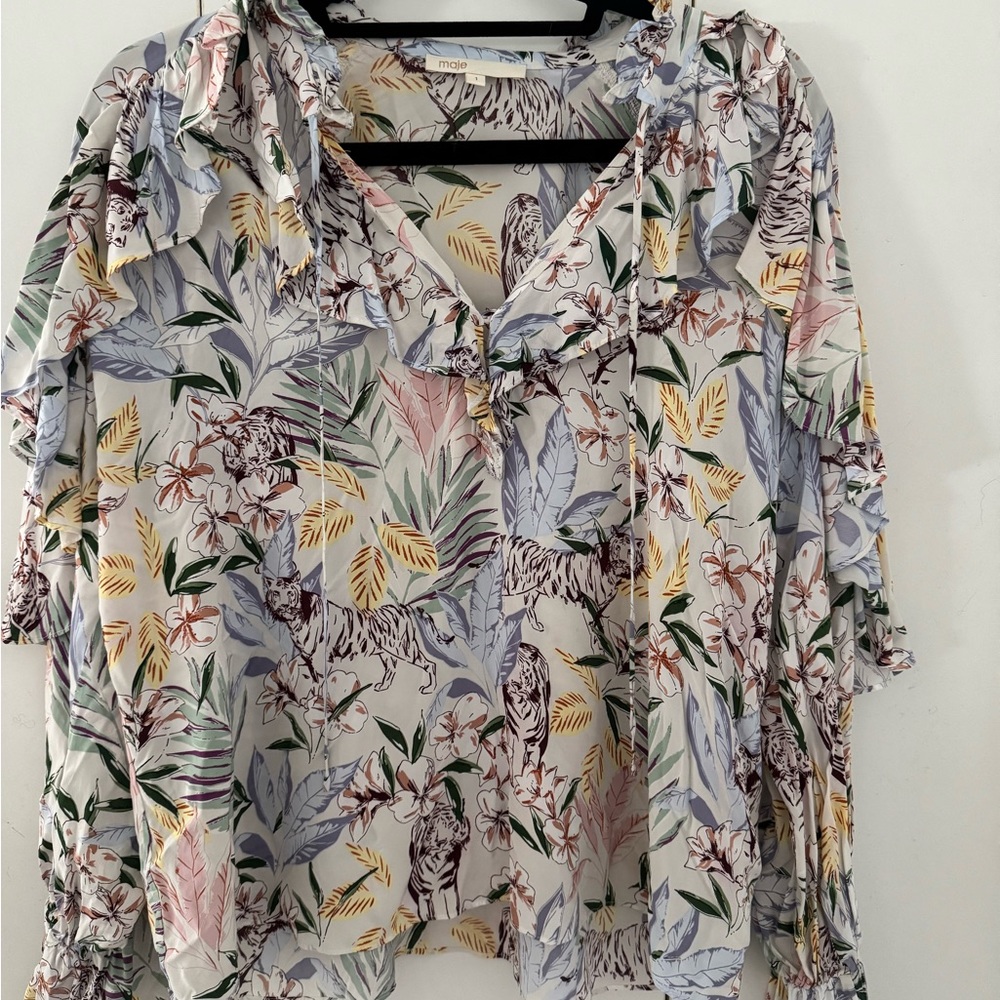 Maje Multicolor Floral Blouse with Ruffle Details